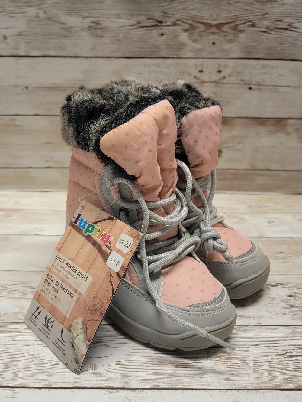 NWT Lupilu Toddler Girls Pink/Gray Winter Boots - Size 6 (EUR Size 22)